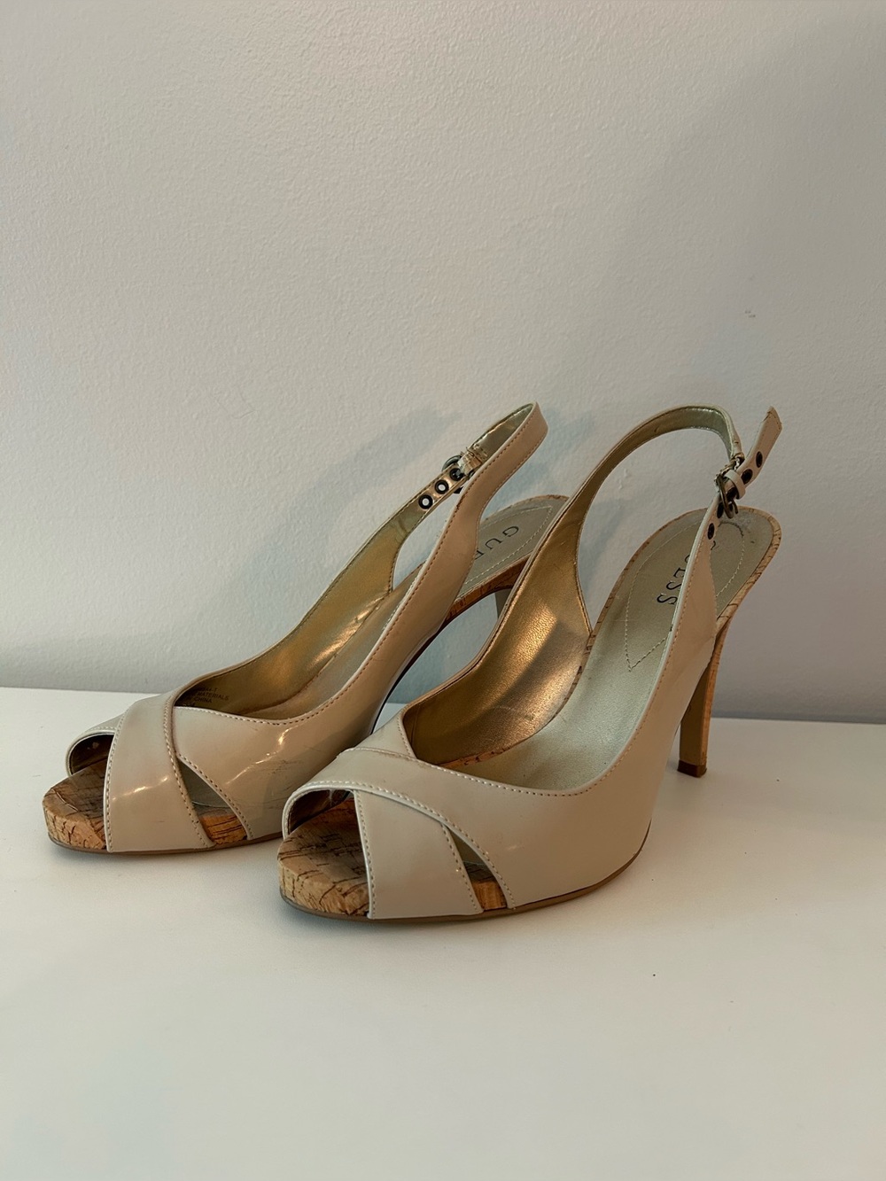 GUESS Beige Patent Peep-Toe Slingback Heels
